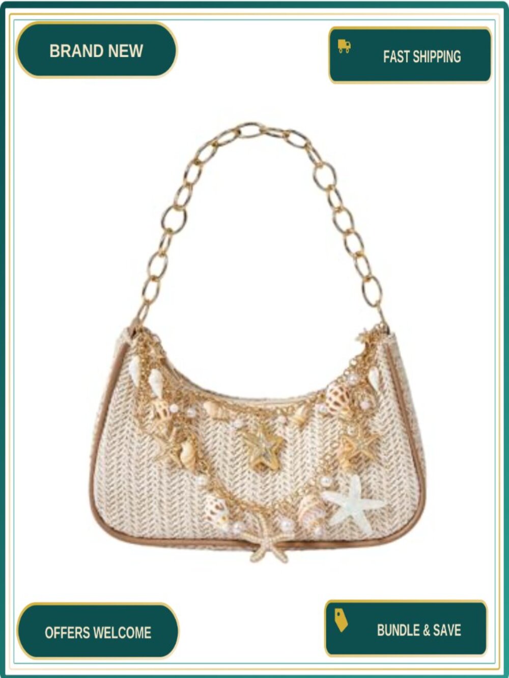 Straw Beach Beaded Purse Seashell Hobo Chain Strap Zipper